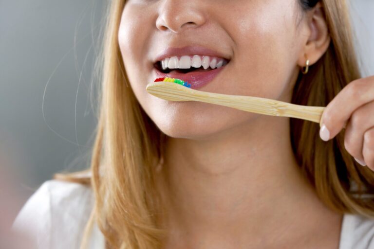 Close,Up,Of,Girl,Mouth,With,Eco,Friendly,Bamboo,Toothbrush.