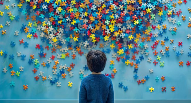 Puzzle Pieces A Blue-Tinted Portrait of a Young Boy Generative AI