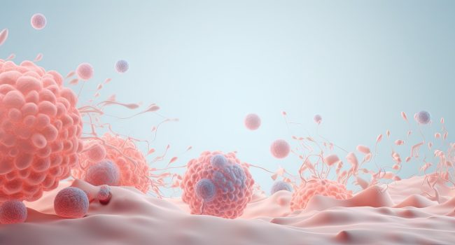 A 3D rendering shows a blue and pink substance floating in the air, representing an oncology treatment designed to kill cancer cells.