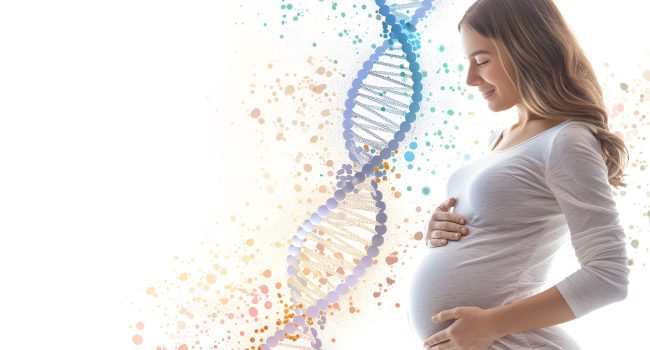 Pregnant woman and illustration of DNA structure on white background, closeup